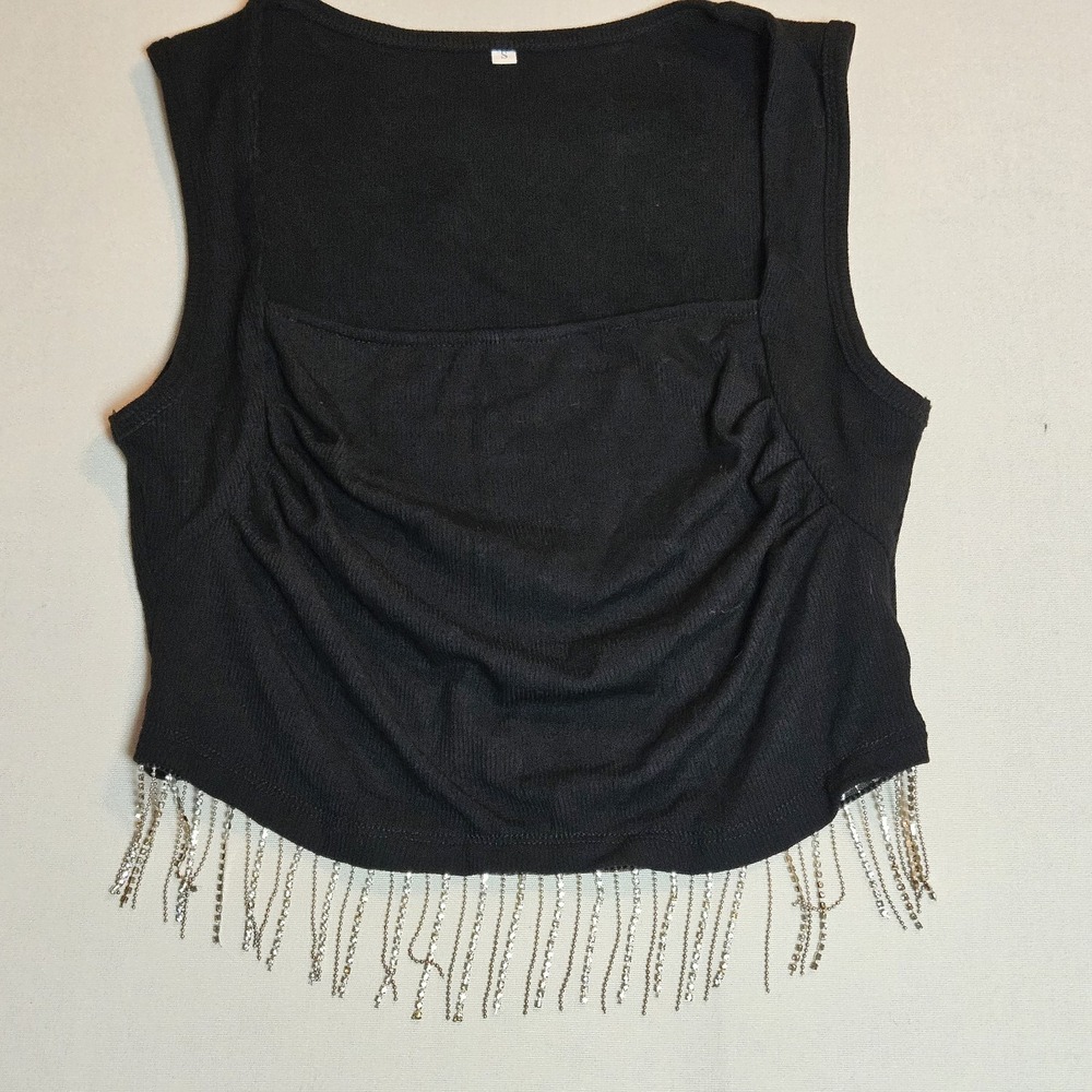 Black Rhinestone Fringe Crop Top Stretch Ribbed Tank Party Clubwear Y2K Style